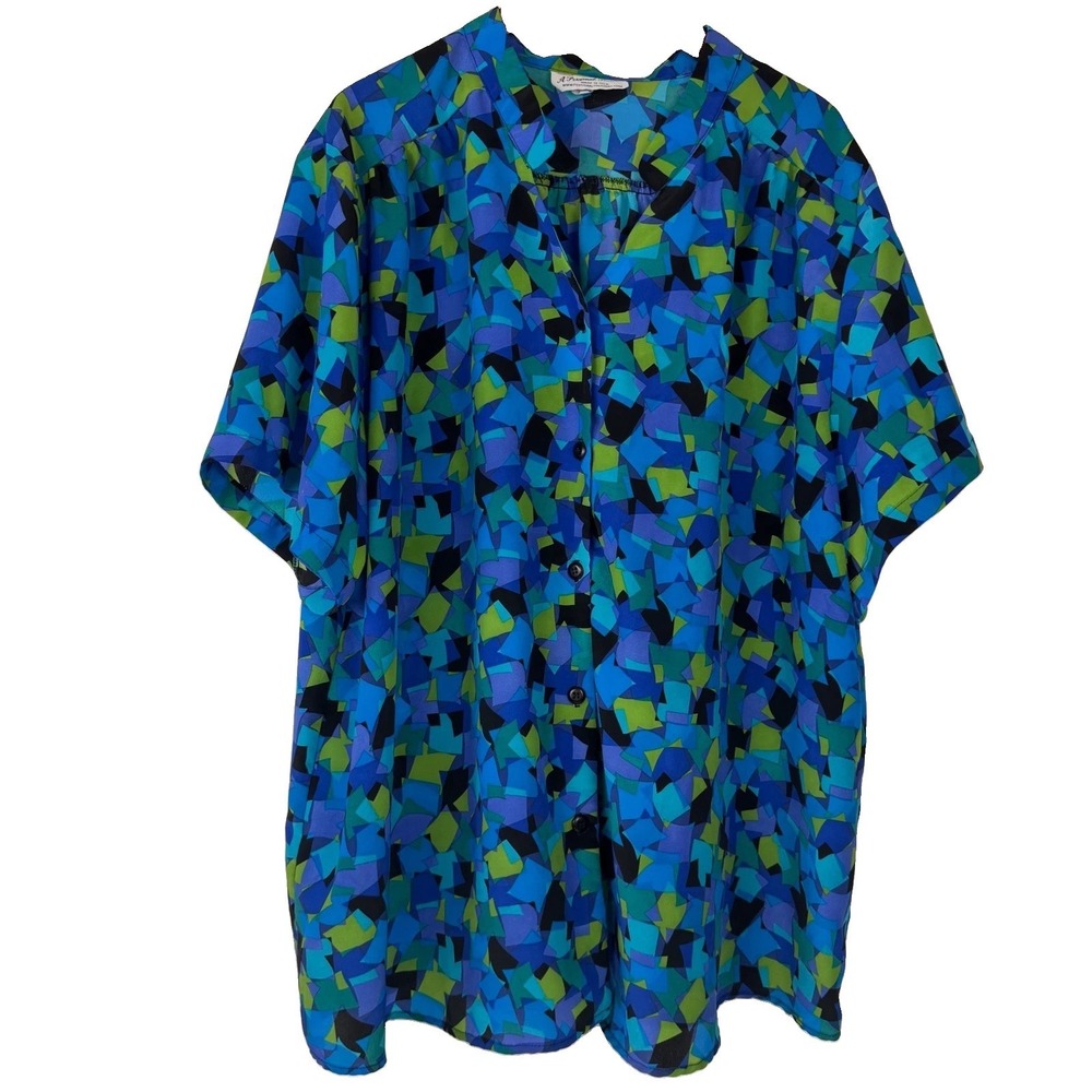 A Personal Touch Tunic Blouse Women 5X Blue Green Mosaic Geometric ButtonTop